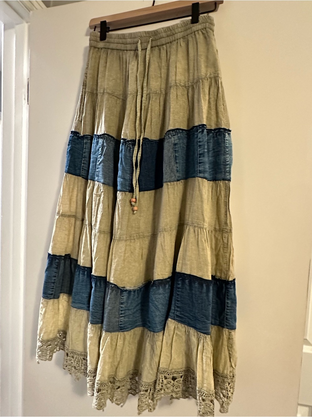 ✨ Young Threads Boho Patchwork Denim Tiered Maxi Skirt - Size S NWT